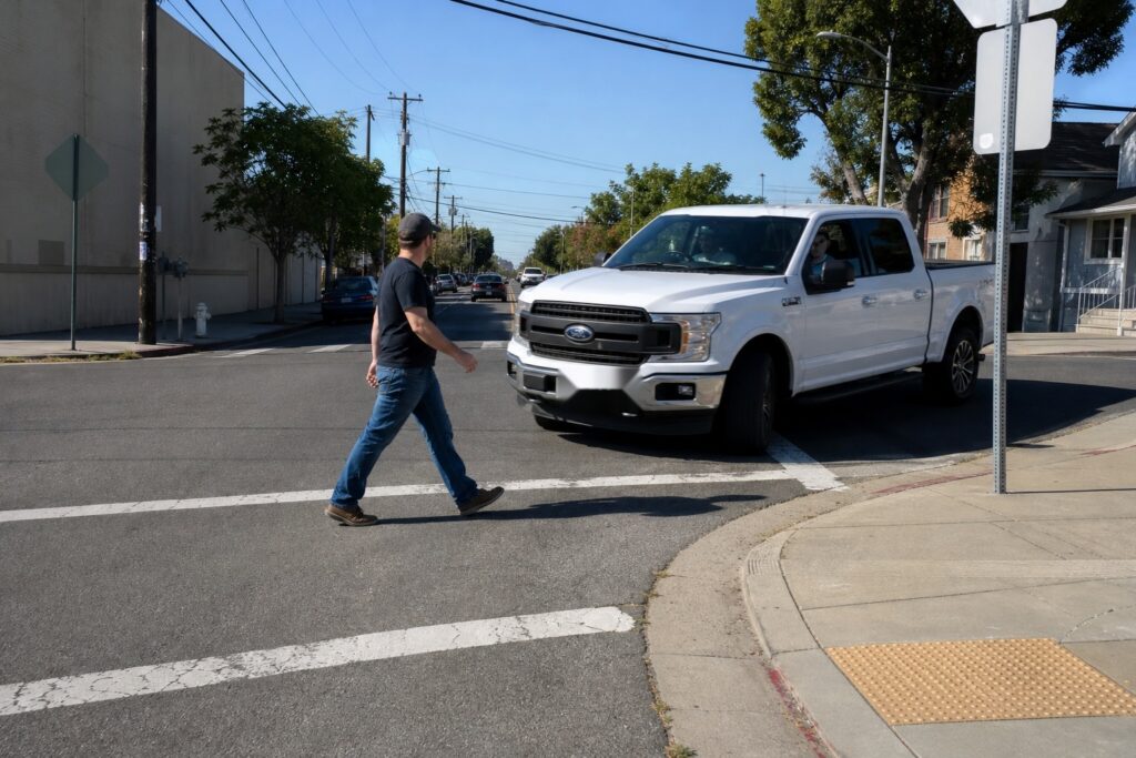 Camioneta Ford F-150 blanca girando a la izquierda hacia un peatón en un cruce peatonal marcado en Richmond, California