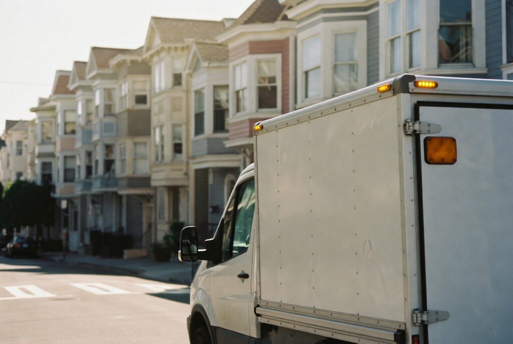 Camioneta de reparto estacionada en doble fila junto a un cruce peatonal en San Francisco
