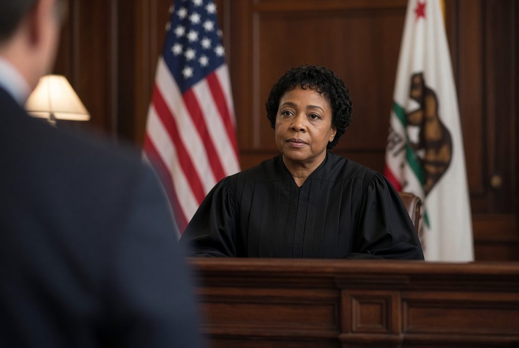 A California Superior Court judge in black robes listens from the bench as counsel argues a challenge for cause, with the American and California flags behind her.