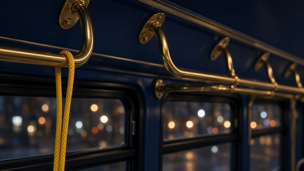 Gold grab bars and a yellow stop-request cord inside a city bus, representing a common carrier's duty of utmost care to passengers under California law.