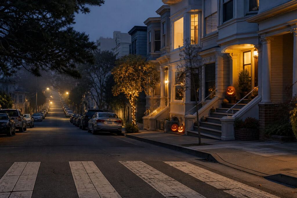 Cruce peatonal residencial en San Francisco al anochecer de Halloween con luces de porche y calabazas