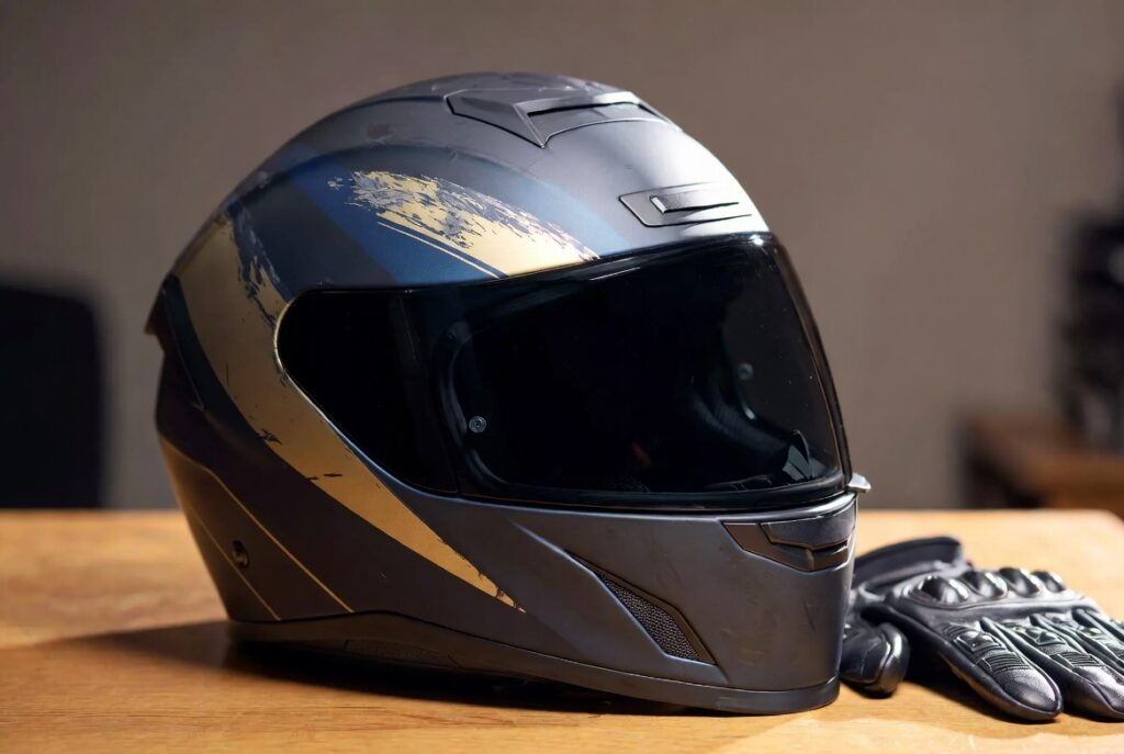 Scuffed motorcycle helmet preserved as evidence of rotational forces in a brain injury claim