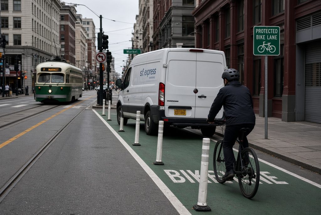 A white delivery van sits in a green protected bike lane on Market Street, forcing a helmeted cyclist toward the adjacent streetcar tracks as an F-Market streetcar passes.