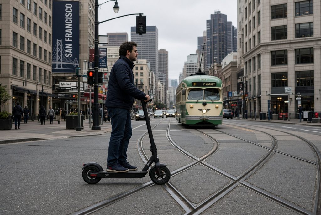 A man on an electric scooter crosses streetcar tracks on Market Street as an F-Market streetcar approaches in the background.