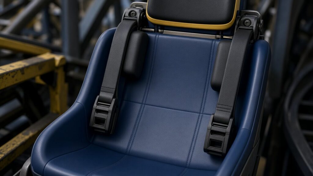 Empty roller coaster seat with over-the-shoulder restraint harness illustrating ride safety and notice issues