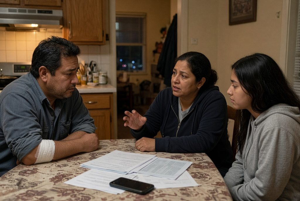 Familia inmigrante hispana conversando en la mesa de la cocina sobre una lesión laboral; el padre tiene un vendaje discreto en el brazo. Representa los miedos a reportar, perder el trabajo o que “los papeles” afecten el caso — miedos que la ley de California no respalda.