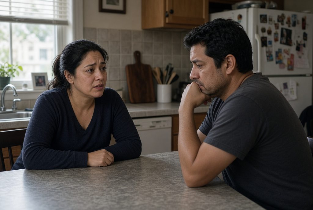 Esposa latina preocupada hablando con su esposo, que luce distante y fatigado en la cocina; representa cómo la familia detecta primero los cambios de memoria, carácter y tolerancia al ruido después de un accidente de moto con tomografía “normal”.