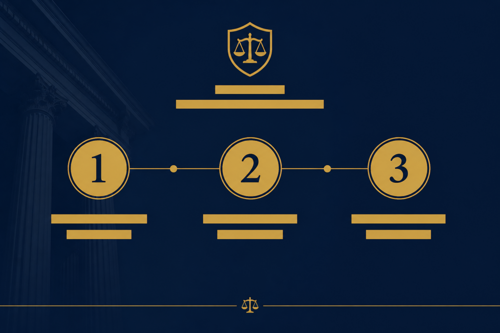 Navy and gold three-step graphic for responding to insurance claim denials