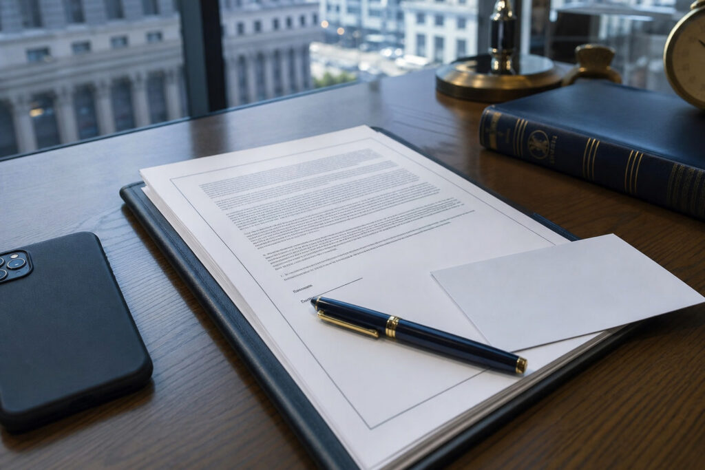 Insurance policy and settlement documents on a San Francisco law desk
