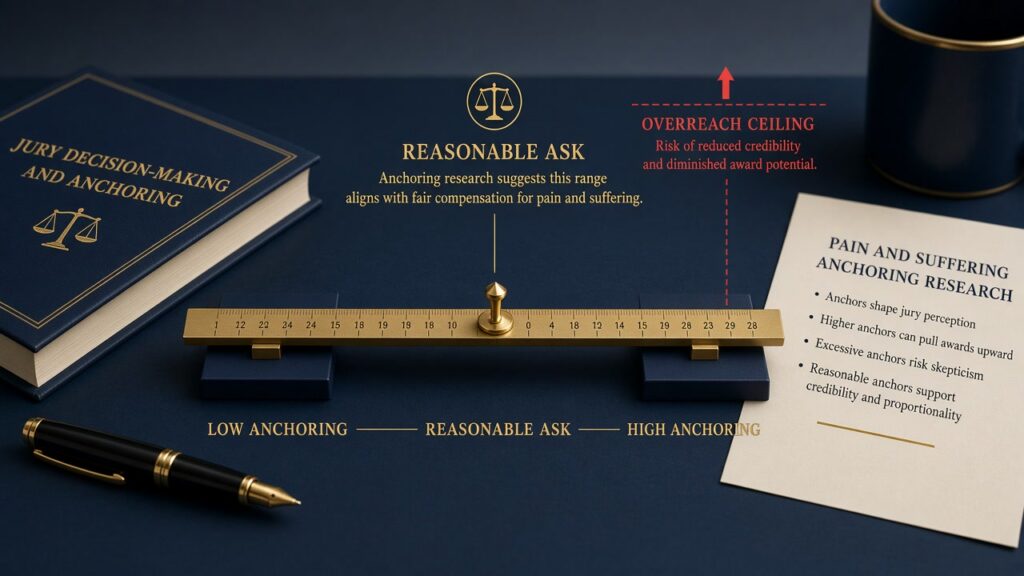 Jury anchoring continuum showing reasonable ask versus overreach ceiling for pain and suffering