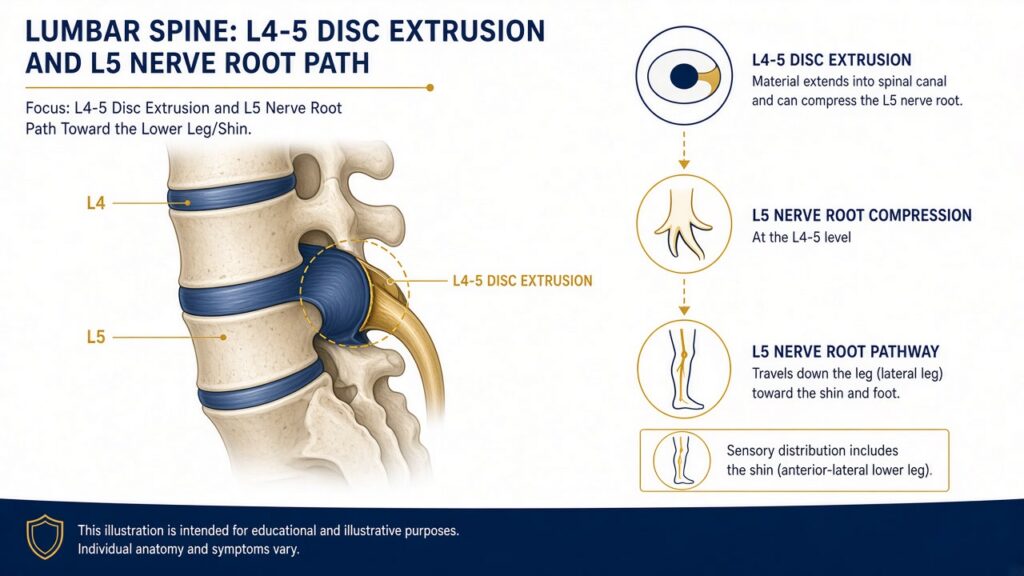 Medical illustration of an L4-5 disc extrusion compressing the L5 nerve root that supplies the shin