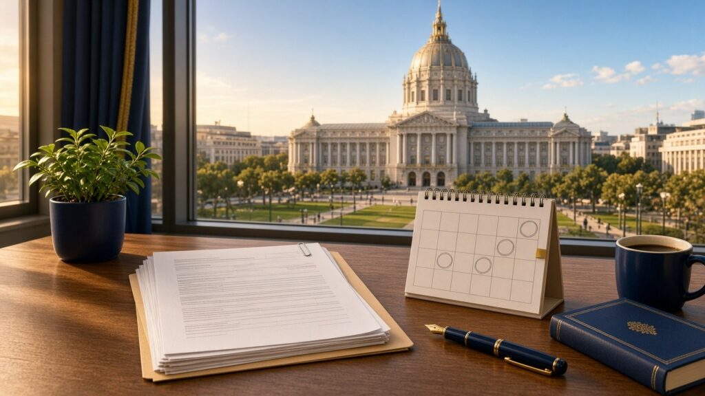 Government claim form packet and a desk calendar with circled dates, with San Francisco City Hall visible through the office window.