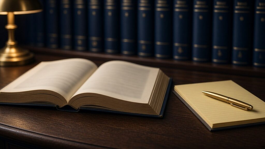 Open case reporter and legal pad in a law library, representing California Supreme Court case law on transit carrier liability for passenger assaults.