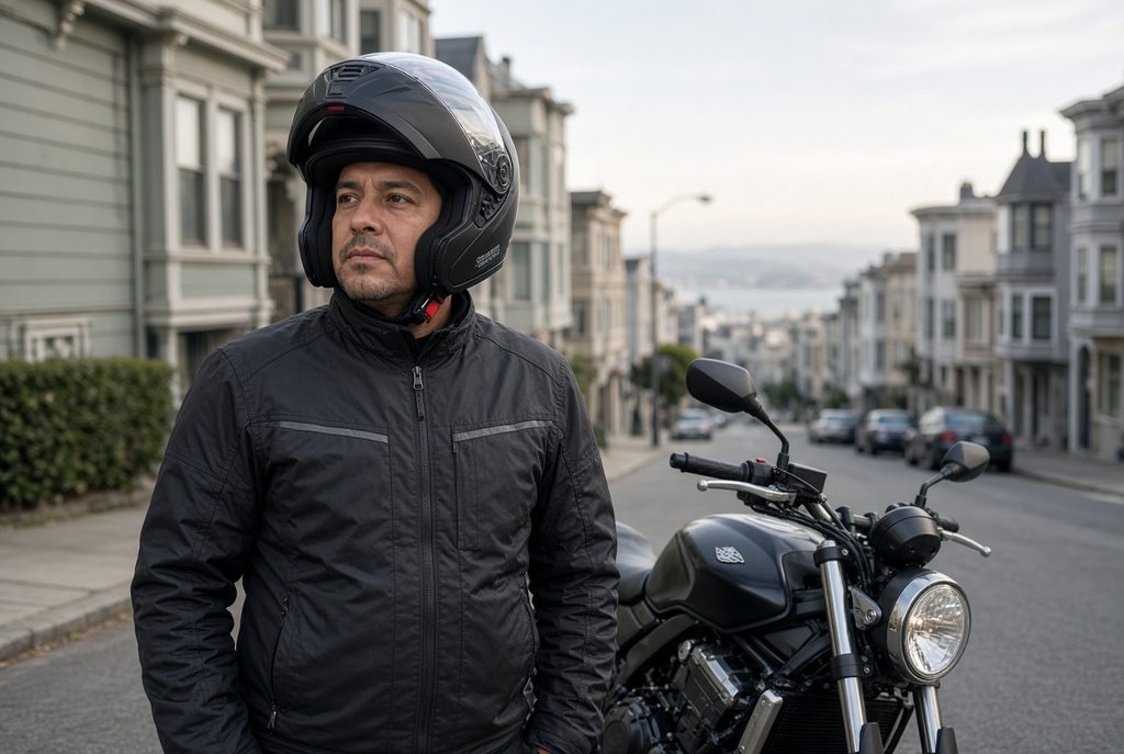 Motociclista latino con casco certificado de cara completa junto a su moto en una calle de San Francisco; ilustra que usar casco y respetar la ley no impide una lesión cerebral por aceleración, desaceleración o fuerzas de rotación.