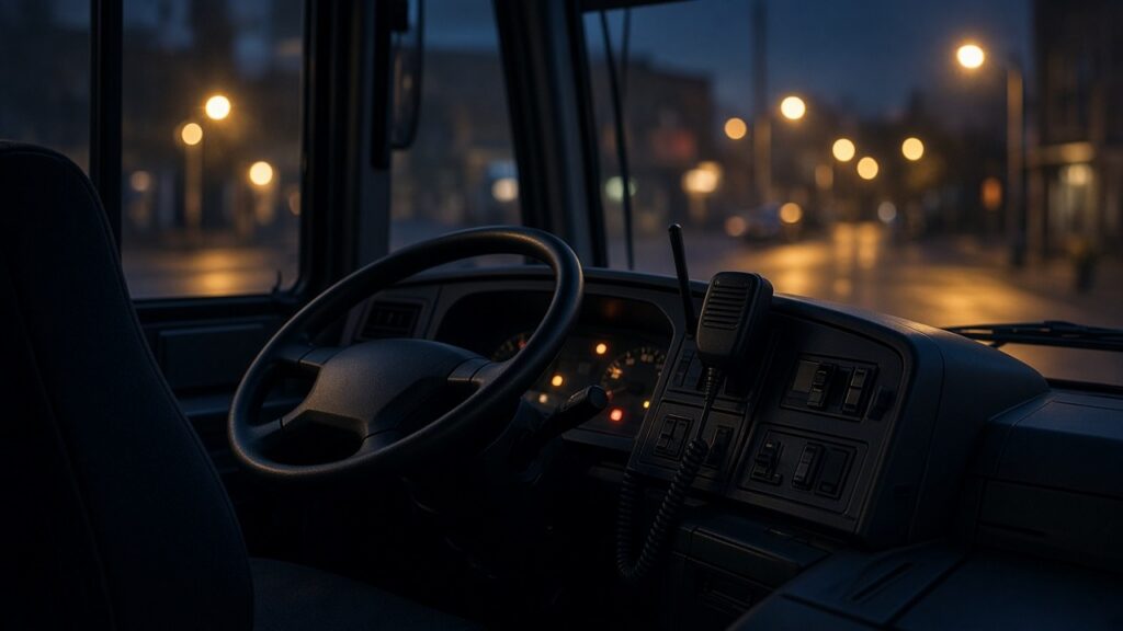 Empty bus operator's seat with a two-way radio handset on the dashboard at dusk, representing a Muni driver's ability to call for help during an assault.