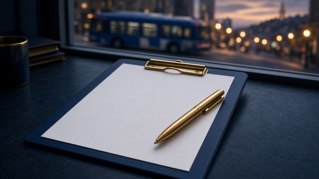 Blank claim form on a clipboard with a San Francisco city bus passing outside at dusk, representing the six-month government claim deadline for Muni injuries.