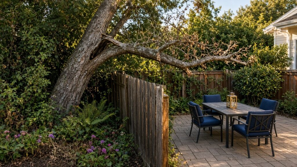 Leaning backyard tree with a dead, cracked limb hanging over a neighbor's patio
