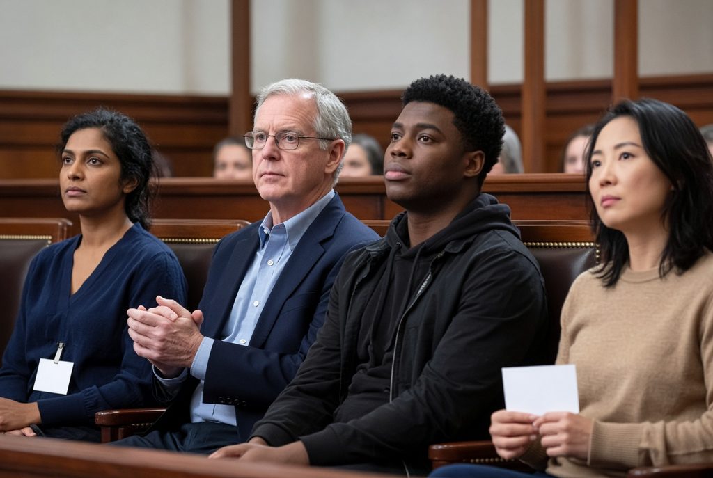 Four prospective jurors of different ages and backgrounds sit in a wooden jury box, listening during jury selection in a California civil courtroom.