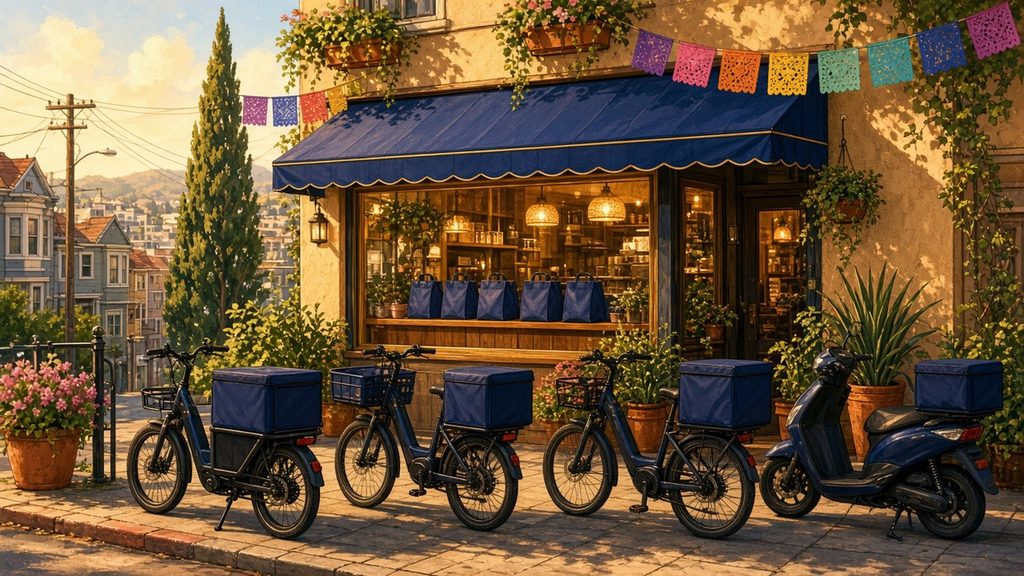 Bicicletas y motonetas de reparto frente a un restaurante iluminado en San Francisco, donde trabajan muchos repartidores hispanos