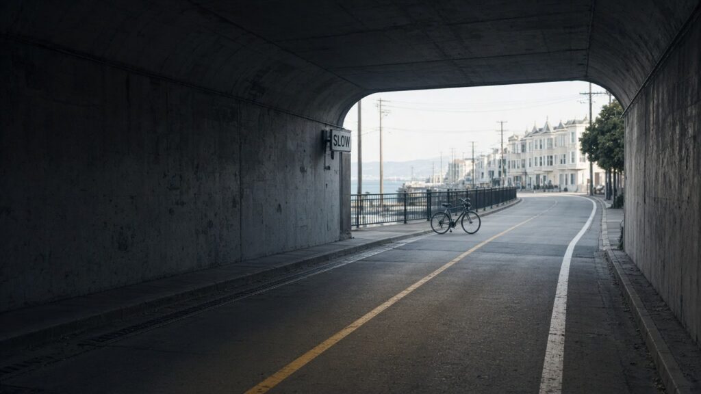 Empty San Francisco bike path exiting a tunnel, illustrating a U-turn bicycle collision that left no visible injury