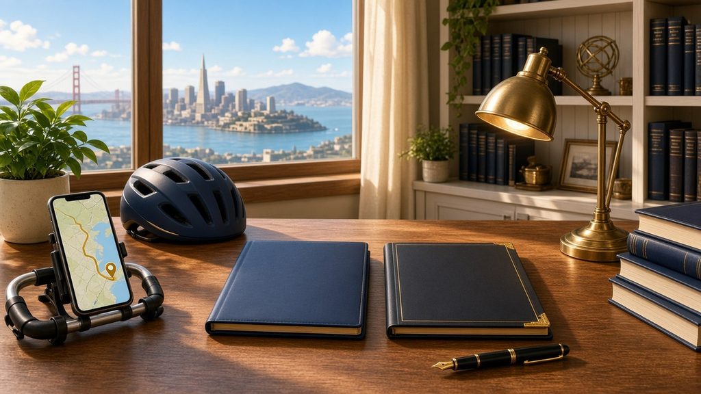 Escritorio de abogado con un teléfono de reparto, un casco y dos carpetas de seguro, que ilustra la diferencia entre el seguro de la aplicación y el reclamo contra el conductor