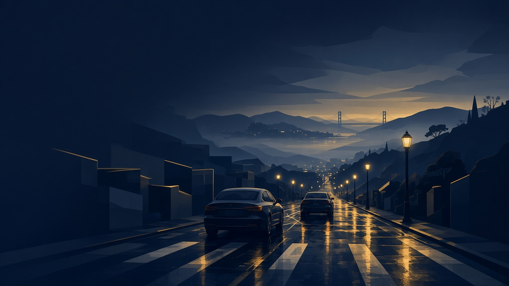 Wet San Francisco street at dusk with cars descending toward the bay — rear-end collision lawyer page image