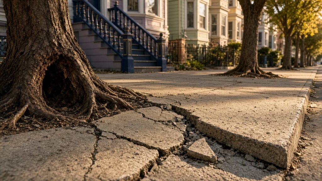 Street tree roots and trunk decay heaving a cracked San Francisco sidewalk