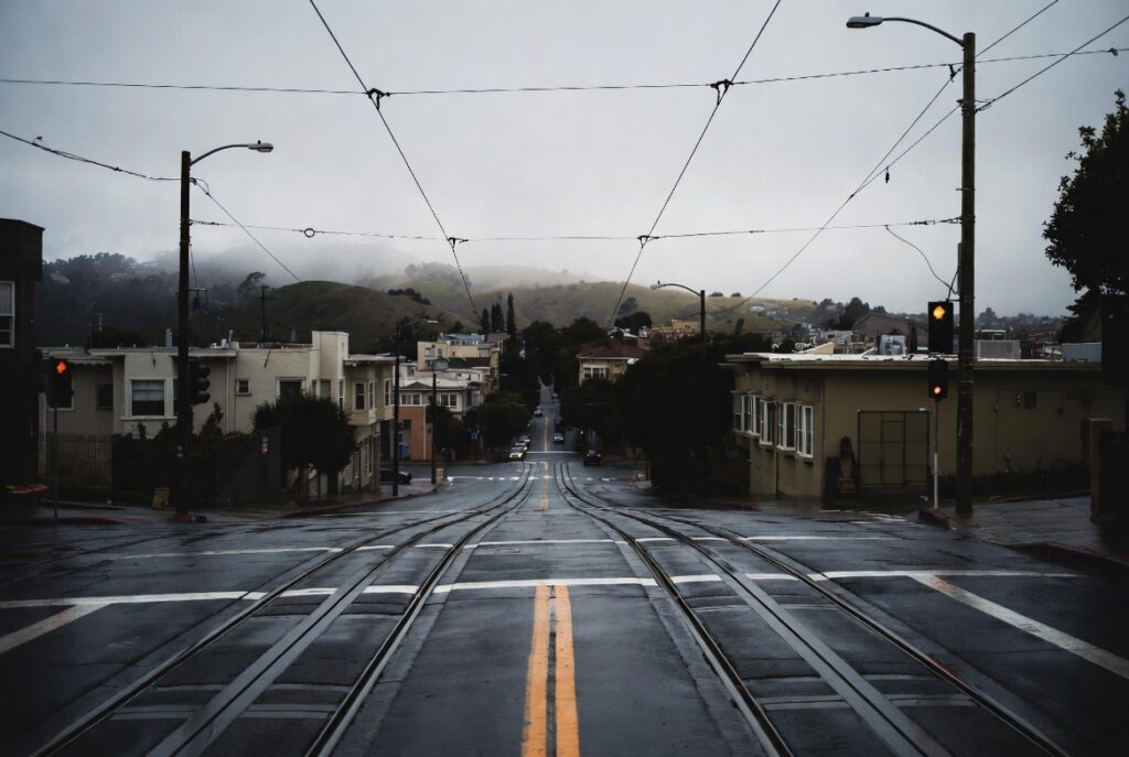 Streetcar tracks on a San Francisco street that create crash hazards for motorcycle riders