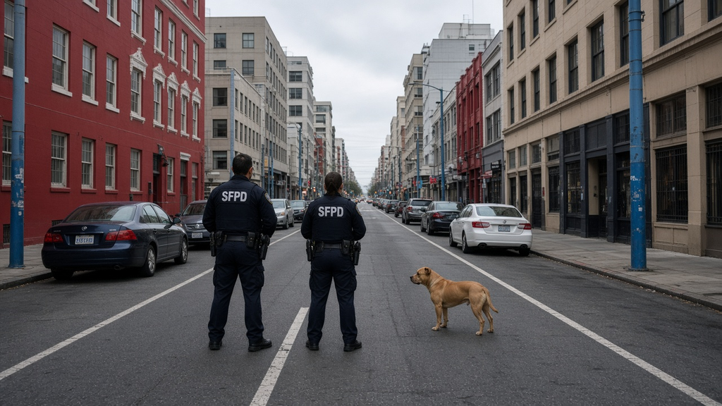 San Francisco police officers facing a pit bull on Larkin Street between Eddy and Turk