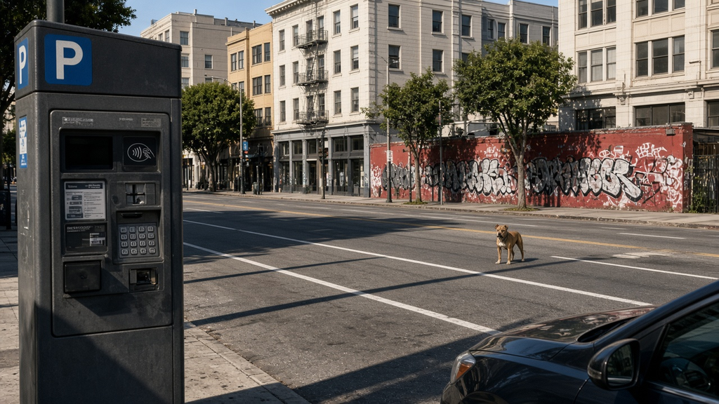 Wide Larkin Street in San Francisco's Tenderloin with a parking pay station and a pit bull alone in the roadway