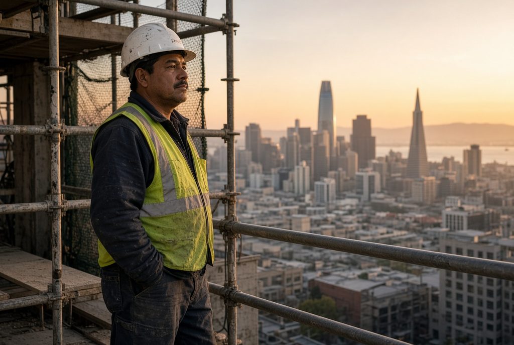 Trabajador latino de construcción con casco y chaleco en un andamio de San Francisco al atardecer; ilustra a los inmigrantes que levantan el Área de la Bahía y que tienen derecho a compensación laboral y demanda civil aunque no tengan papeles.