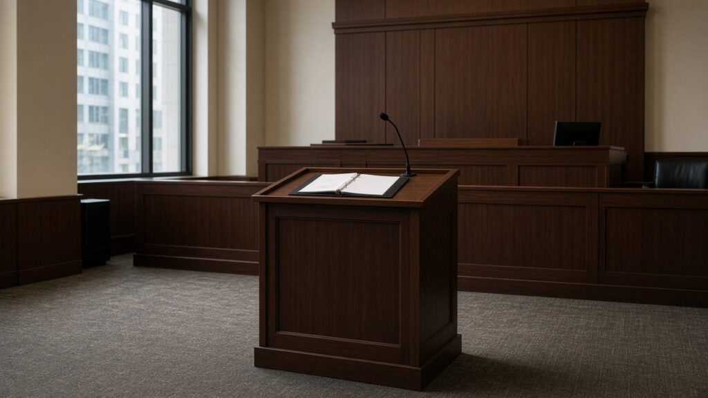 Empty courtroom lectern with open binder for a pain and suffering closing argument