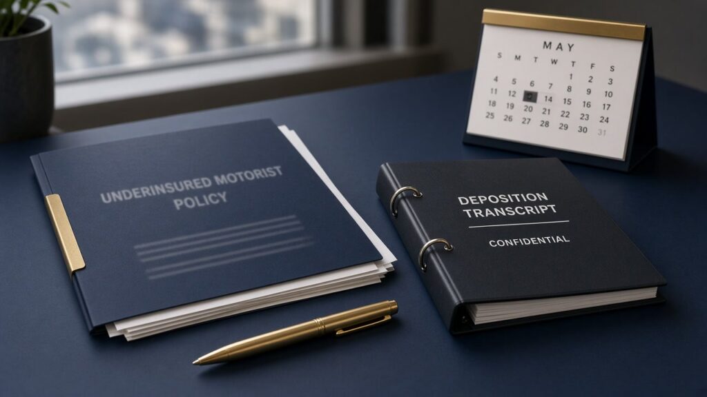 Underinsured motorist policy folder and deposition transcript on a law desk for UIM arbitration against the client's own insurer