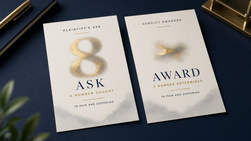 Side-by-side cards comparing a plaintiff's pain and suffering ask to the verdict award