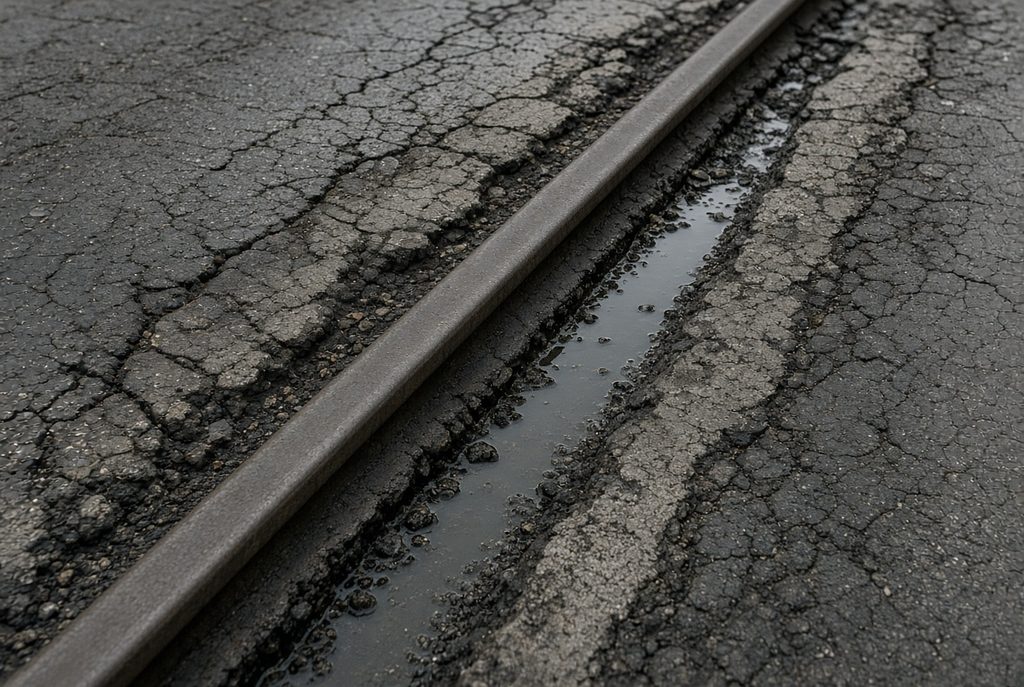 A worn streetcar rail set in cracked, crumbling asphalt with a widened, water-filled flangeway that no longer looks like a clean original design.