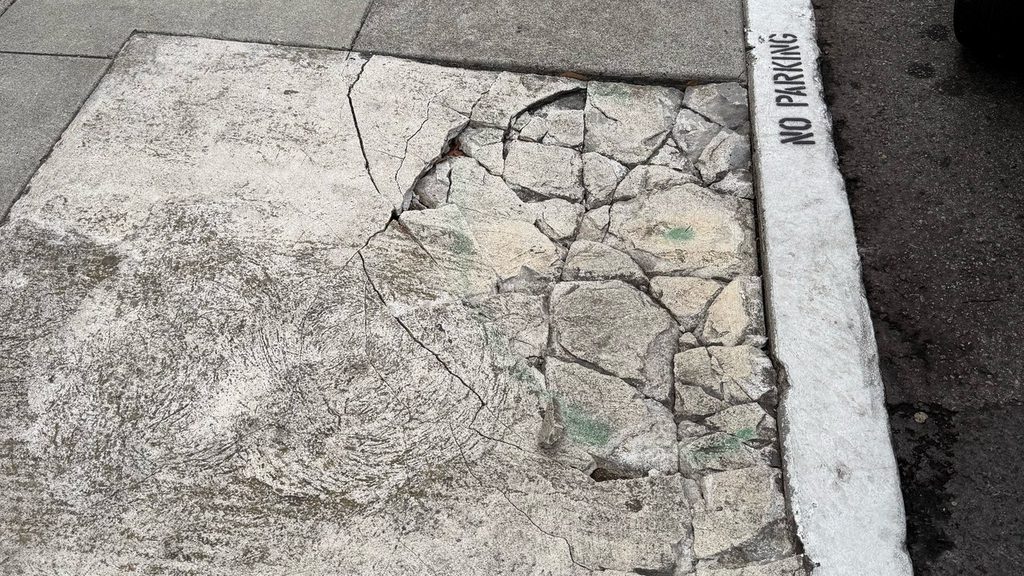 Close-up of cracked, loose concrete chunks in a sidewalk next to a white curb stenciled NO PARKING in San Francisco, photographed by attorney John Roach