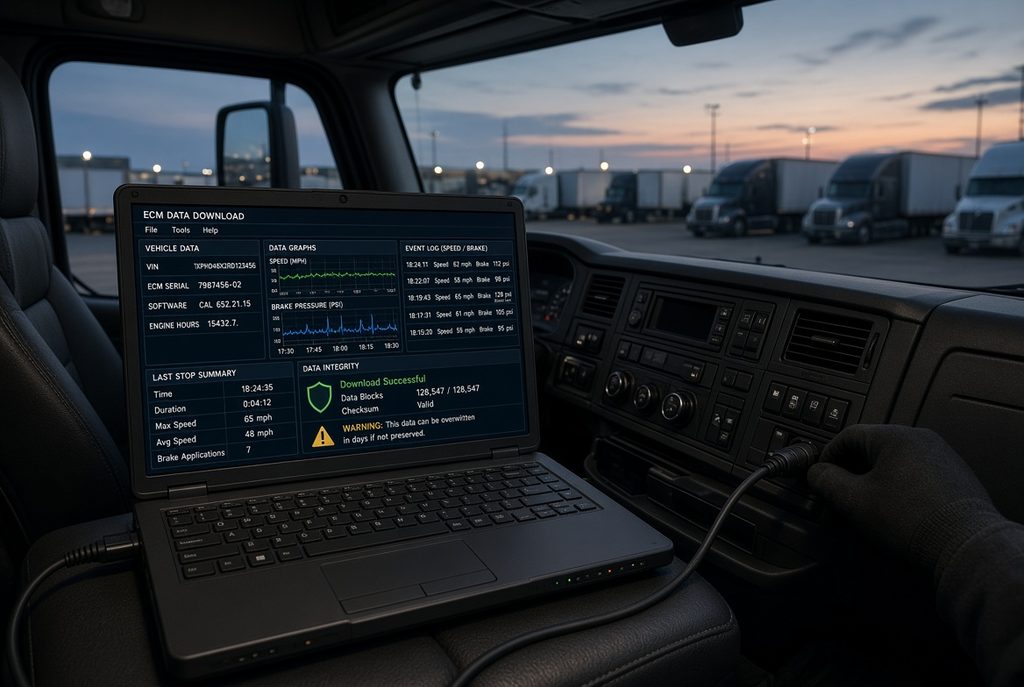 Laptop de diagnóstico conectado al puerto del tablero de un camión comercial, mostrando registros de velocidad y frenado; representa el módulo ECM o “caja negra” cuya evidencia puede sobrescribirse en días si no se envía una carta de preservación de inmediato.