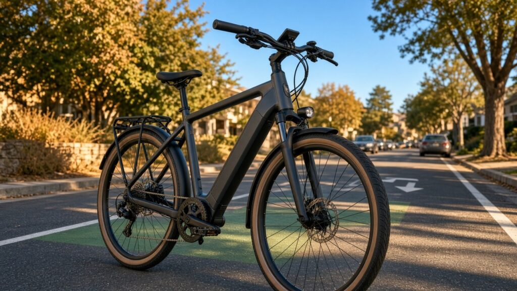 Matte black electric bicycle with tan-wall tires parked in a green bike lane on a sunny suburban street