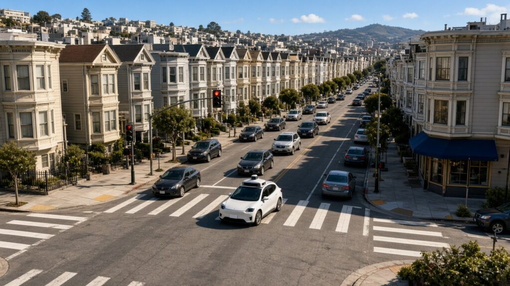 Driverless car stopped on the crosswalk inside a San Francisco intersection at a red light, a possible Vehicle Code 22526 violation