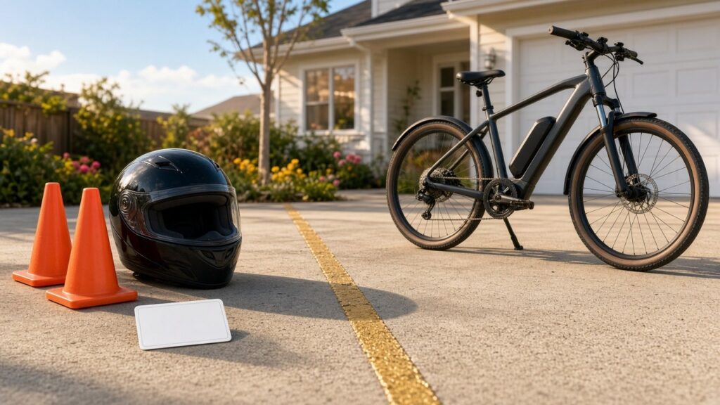 Motorcycle helmet and orange traffic cones beside a blank license card on a sunny driveway, with an e-bike parked alone on the other side