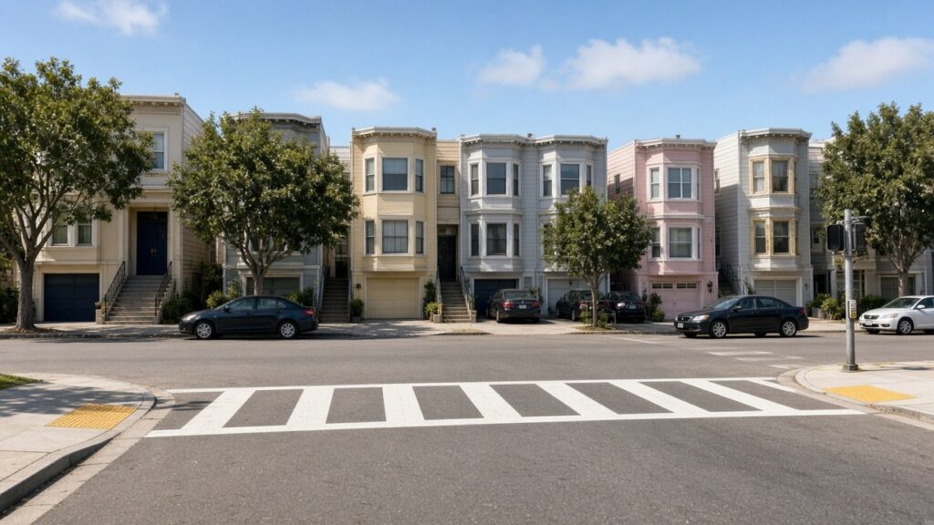 Marked crosswalk on a sunny afternoon on a residential Inner Richmond street in San Francisco.