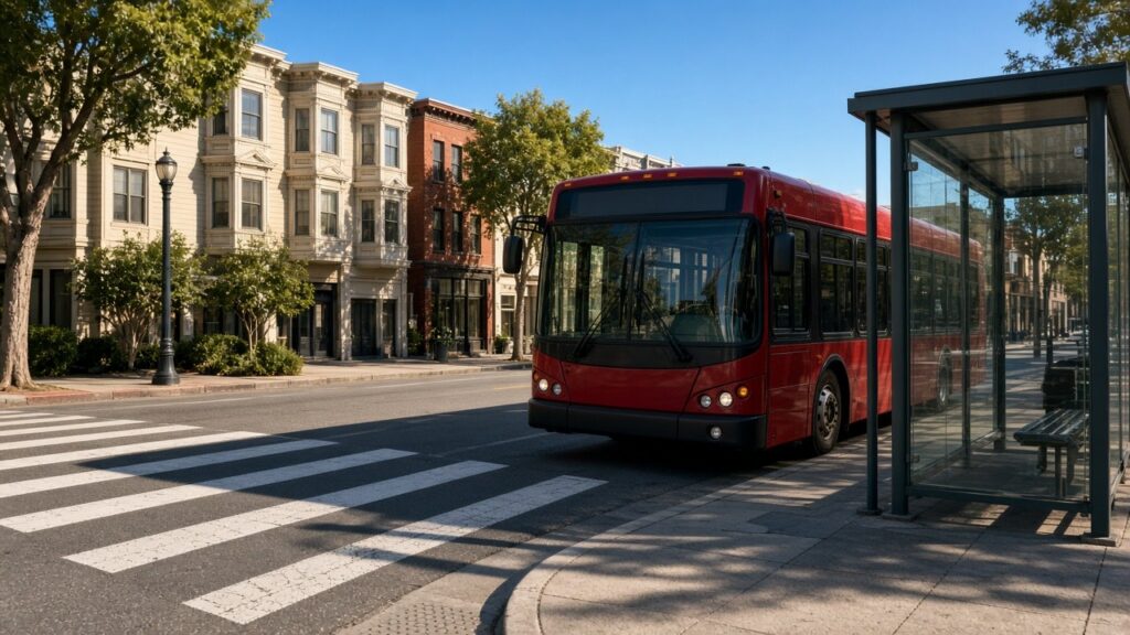 Bright red Muni bus stopped beside a San Francisco crosswalk