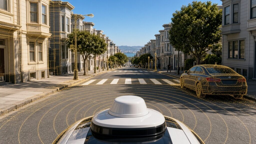 Gold lidar scan lines from a self-driving car's roof sensor mapping a San Francisco crosswalk, curbs and a parked car
