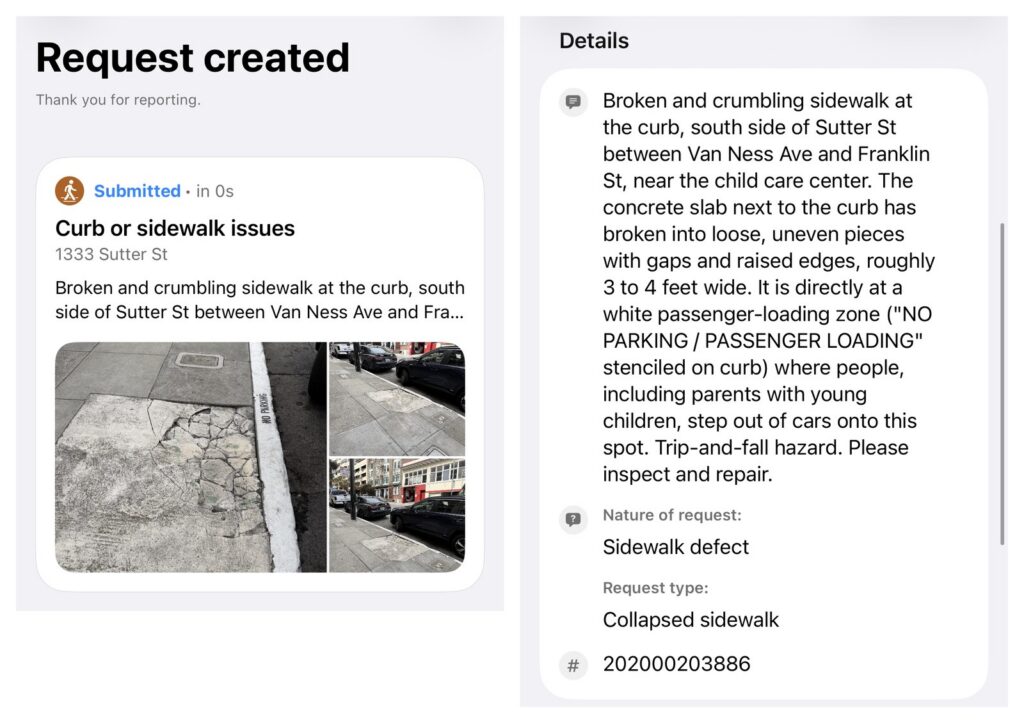 SF311 app screens confirming a submitted sidewalk defect report at 1333 Sutter St, San Francisco, case number 202000203886