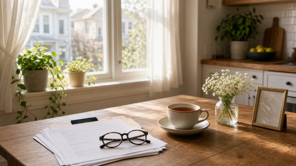 Paperwork and reading glasses on a sunlit family kitchen table in a San Francisco home, representing a family's wrongful death claim.